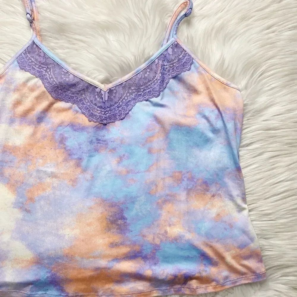 In Bloom Tie Dye Lace Trimmed Pajama Top Blue and Pink Large